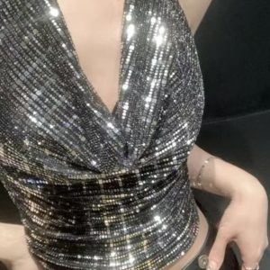 French-Style Sexy Sequined Halter Crop Top for Women, Backless Design for Trendy Street Style, Perfect for Night Out and Parties
