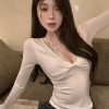 French-Style Sexy V-Neck Lace Trim Long Sleeve T-Shirt for Women - Slim Fit, Stylish, Versatile Top for Spring and Autumn