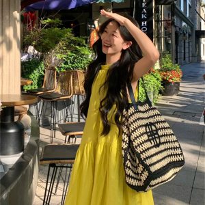 French-Style Sleeveless Halter Neck Off-Shoulder Long Dress - 2023 Summer Vacation Fashion, Loose Fit, Elegant Style