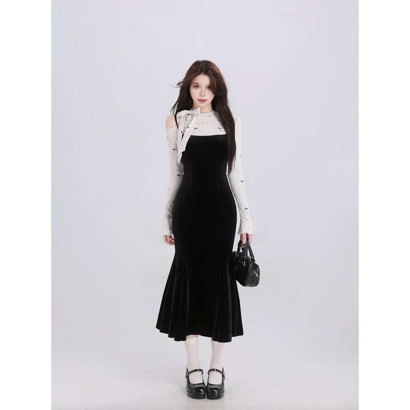 French-Style Spaghetti Strap Off-Shoulder Fishtail Dress with Waist Design for Spring - Sexy Girl Elegant Fashion