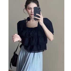 French-Style Square Neck Puff Sleeve White Shirt for Women - Summer Ruffled Edge Short Exquisite Top with Niche Design