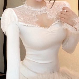 French-Style Sweet Lace Long Sleeve T-Shirt for Women - Unique Exquisite Top for Spring and Autumn Fashion