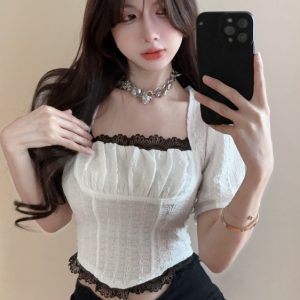French-Style Sweet Lace Puff Sleeve Chiffon Shirt for Women - Trendy Slim-Fit Short Top, Age-Reducing Fashion