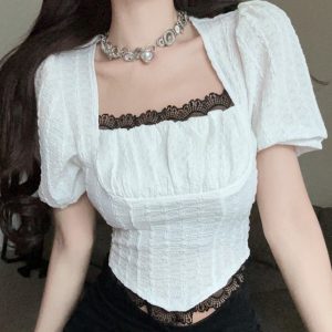 French-Style Sweet Lace Puff Sleeve Chiffon Shirt for Women - Trendy Slim-Fit Short Top, Age-Reducing Fashion