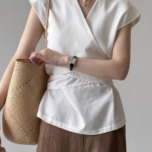 French-Style Tencel Linen V-Neck Shirt for Women - Summer 2025 Tie Waist Blouse with Slimming Flutter Sleeves