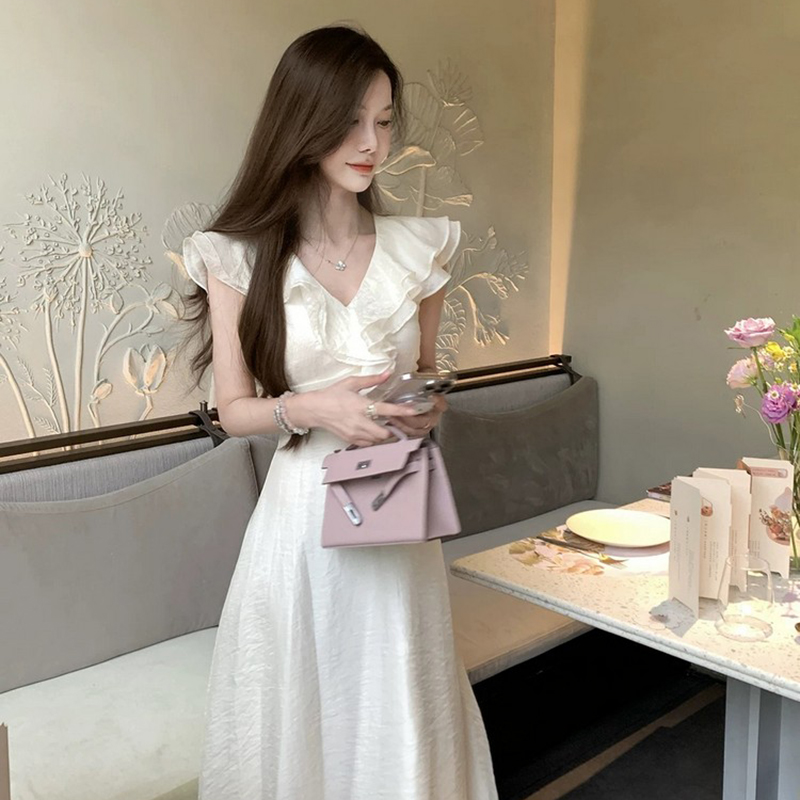 French-Style V-Neck Ruffled White Dress for Women, Fitted Waist and Elegant Long Skirt, Summer Fashion Essential