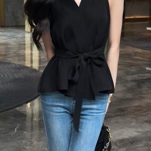 French-Style V-Neck Tie-Back Vest Shirt for Women - 2025 Summer High-End Sleeveless Top in Chic Fashion