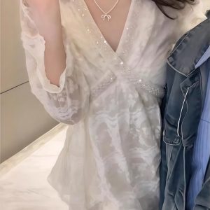 French-Style White Dress for Women - 2025 Spring Lace Splicing Design, Slimming Short Skirt, Chic Niche Fashion