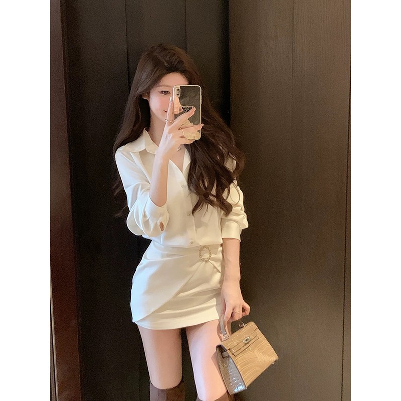 French-Style White Shirt Dress for Women, Waist-Cinching Bodycon Design, Elegant Spring Fashion, Chic Short Skirt