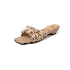 French-Style Woven Square-Toe Slippers for Women - Summer 2025 Flat One-Strap Outdoor Sandals, Trendy Wedge Open-Toe Design