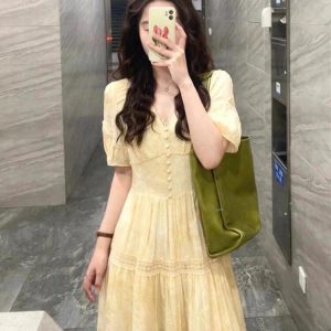 French Style Yellow V-Neck Dress for Women - Summer Waist-Cinching, Slimming, Minimalist Design, Unique & Exquisite Fashion