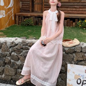 French Sweet Lace Tie Neck Top and Skirt Set for Women - Summer 2025 Vacation Style Two-Piece Outfit, Chic and Elegant Fashion