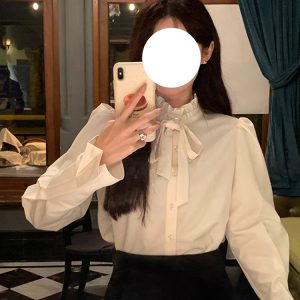 French Vintage Long Sleeve Bow Tie Shirt for Women - Stylish Unique Top for Early Spring Fashion