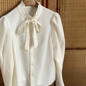 French Vintage Long Sleeve Bow Tie Shirt for Women - Stylish Unique Top for Early Spring Fashion