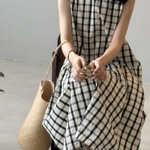 French Vintage Plaid Loose Big Swing Dress for Women, Elegant Long Tank Dress, 2025 Summer Fashion