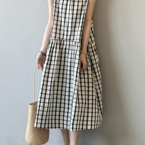 French Vintage Plaid Loose Big Swing Dress for Women, Elegant Long Tank Dress, 2025 Summer Fashion