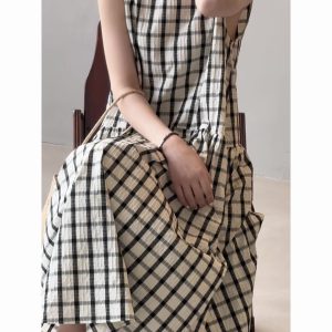 French Vintage Plaid Loose Big Swing Dress for Women, Elegant Long Tank Dress, 2025 Summer Fashion