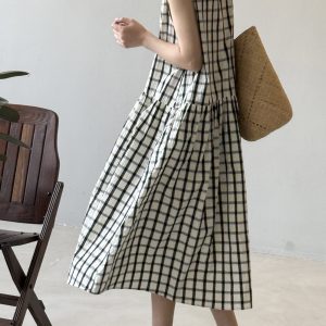 French Vintage Plaid Loose Big Swing Dress for Women, Elegant Long Tank Dress, 2025 Summer Fashion