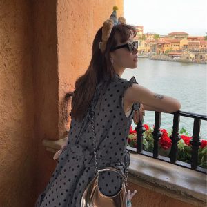 French Vintage Polka Dot Cake Dress for Women - Summer Small Stand Collar, Back Tie, Ruffle Edge, Elegant Mid-Length Style