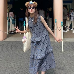 French Vintage Polka Dot Cake Dress for Women - Summer Small Stand Collar, Back Tie, Ruffle Edge, Elegant Mid-Length Style