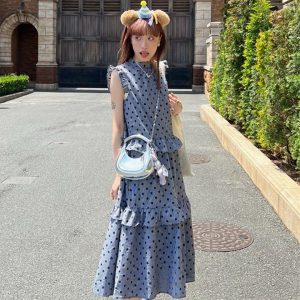 French Vintage Polka Dot Cake Dress for Women - Summer Small Stand Collar, Back Tie, Ruffle Edge, Elegant Mid-Length Style