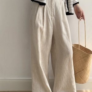 French Vintage Pure Linen Wide-Leg Pants for Women - Loose Casual Floor-Length Trousers for Summer 2025, Boho Chic Style