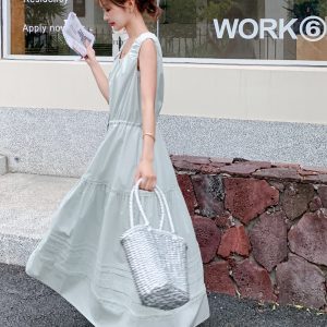 French Vintage Sleeveless Dress for Women - Solid Color Elegant Slim Long Dress for Summer 2025