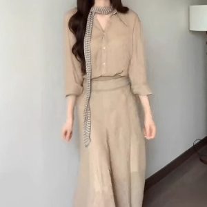 French Vintage Summer 2025 Women's Two-Piece Set, Loose Long Sleeve Shirt & High-Waisted A-Line Skirt, Trendy Chic Style