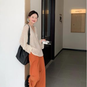 French Vintage V-Neck Knitted Sweater for Women - Loose Hooded Pullover for Early Autumn, Casual Y2K Style