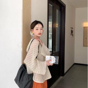 French Vintage V-Neck Knitted Sweater for Women - Loose Hooded Pullover for Early Autumn, Casual Y2K Style