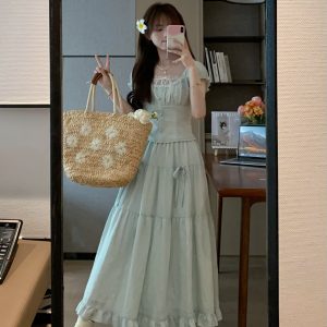 Fresh White and Green Waist-Cinching Two-Piece Set - Slimming Top Shirt with Waist-Defining Skirt for Spring Style