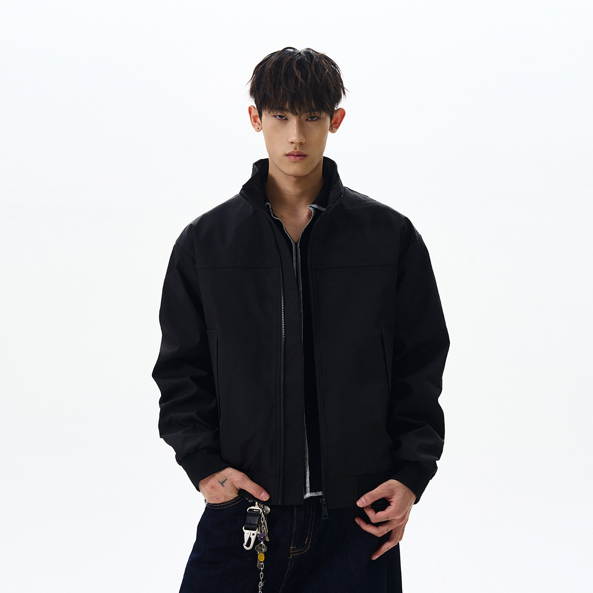 Functional Black Cardigan Jacket - Trendy American Street Style Short Parka with Clean Fit