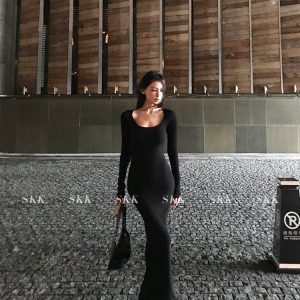 Generous Neck Long Sleeve Slim Fit Flared Dress for Women - Hot Girl Style, Perfect for Spring, Y2K & 90s Inspired Fashion