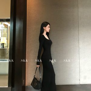Generous Neck Long Sleeve Slim Fit Flared Dress for Women - Hot Girl Style, Perfect for Spring, Y2K & 90s Inspired Fashion