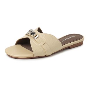 Genuine Leather One-Strap Flat Sandals with Metal Buckle - Elegant Comfortable Summer Slippers for Outdoor Wear 2025