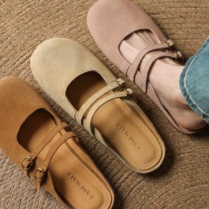 Genuine Leather Round Toe Half Slippers for Women - French Boken Style, Spring/Summer 2025 Fashion, Comfortable Flat Shoes