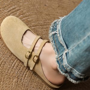 Genuine Leather Round Toe Half Slippers for Women - French Boken Style, Spring/Summer 2025 Fashion, Comfortable Flat Shoes
