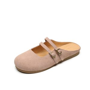 Genuine Leather Round Toe Half Slippers for Women - French Boken Style, Spring/Summer 2025 Fashion, Comfortable Flat Shoes