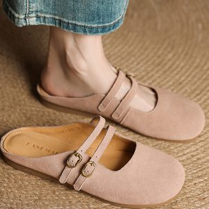 Genuine Leather Round Toe Half Slippers for Women - French Boken Style, Spring/Summer 2025 Fashion, Comfortable Flat Shoes