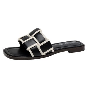 Genuine Leather Woven Slide Sandals for Women, Casual Flat Beach Shoes in French Style, Sizes 41-43, Perfect for Summer Outings