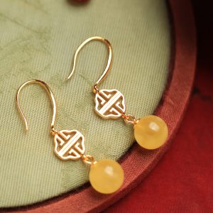 Geometric Drop Earrings for Women, Natural Beeswax Amber & Gold Inlaid Jade, Chinese Style, Light Luxury Ear Accessories