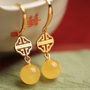 Geometric Drop Earrings for Women, Natural Beeswax Amber & Gold Inlaid Jade, Chinese Style, Light Luxury Ear Accessories