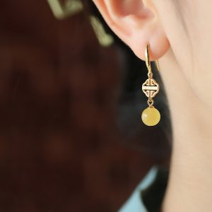 Geometric Drop Earrings for Women, Natural Beeswax Amber & Gold Inlaid Jade, Chinese Style, Light Luxury Ear Accessories