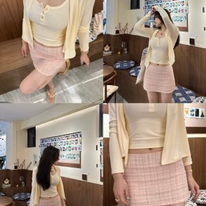 Girlish Feelings 100% Cotton Pink Check A-Line Skirt with Built-In Shorts | Bubble Wrinkled Design, Perfect for 90s Y2K Style