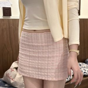 Girlish Feelings 100% Cotton Pink Check A-Line Skirt with Built-In Shorts | Bubble Wrinkled Design, Perfect for 90s Y2K Style