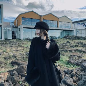Girls' Woolen Coat with Real Fox Fur Sleeves and Tied Bow Detail - Elegant Cloak for 90s Inspired Fashion