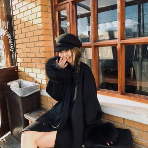 Girls' Woolen Coat with Real Fox Fur Sleeves and Tied Bow Detail - Elegant Cloak for 90s Inspired Fashion