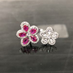 Glamorous Ruby Floral Open Ring for Women, High-End Luxury Feel with Sparkling Zircon and Diamonds, Exaggerated Design
