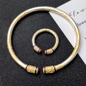 Gold-Plated Nezha Bracelet for Women, Open Design Ruyi Palace Style, Ethnic Bangle in Silver Color for Peace and Joy