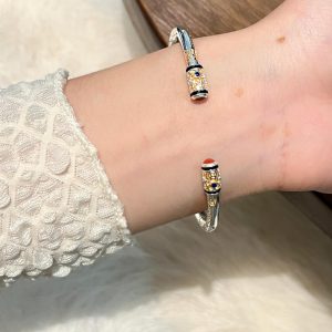 Gold-Plated Nezha Bracelet for Women, Open Design Ruyi Palace Style, Ethnic Bangle in Silver Color for Peace and Joy